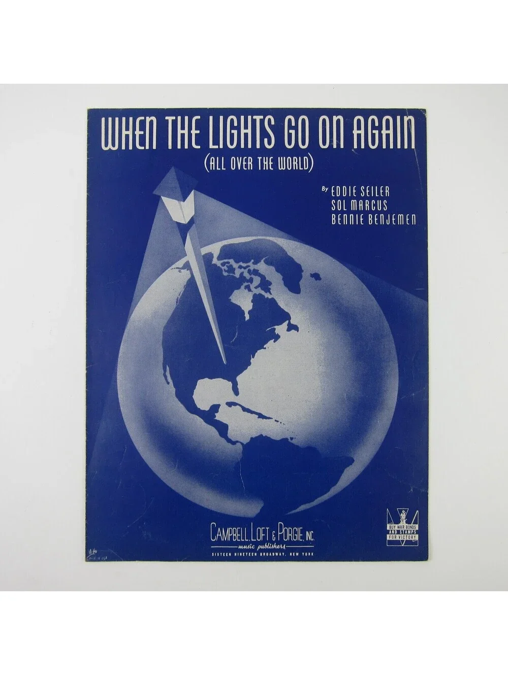 Sheet Music When the Lights Go on Again All Over the World Vintage 1942 WW2 WWII